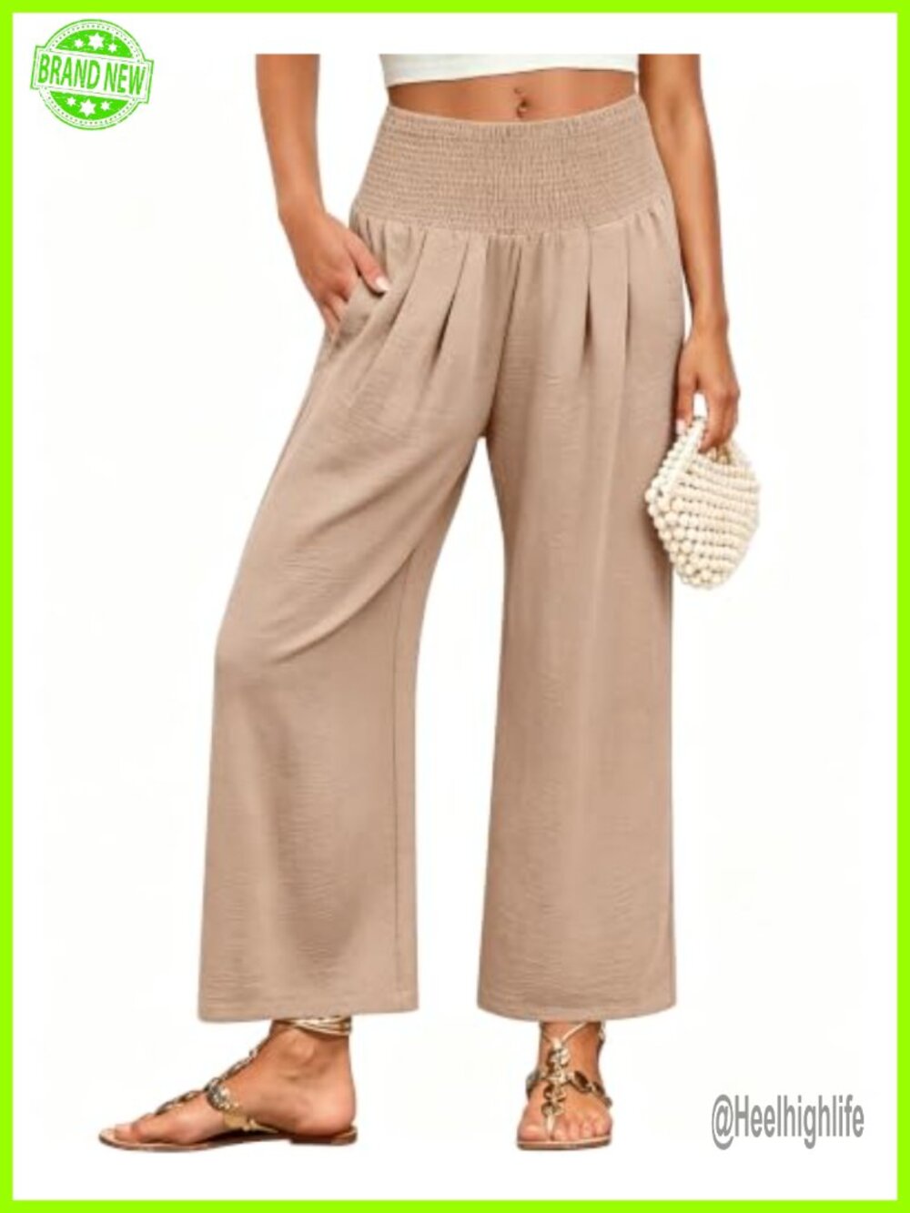 Wide Leg Palazzo Pants High Waisted Smocked Elastic Waist Pockets Flowy Cropped